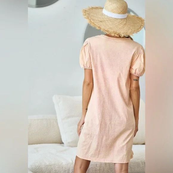 BiBi Pink Puff Sleeve Mineral Wash Dress - Picture 3 of 9